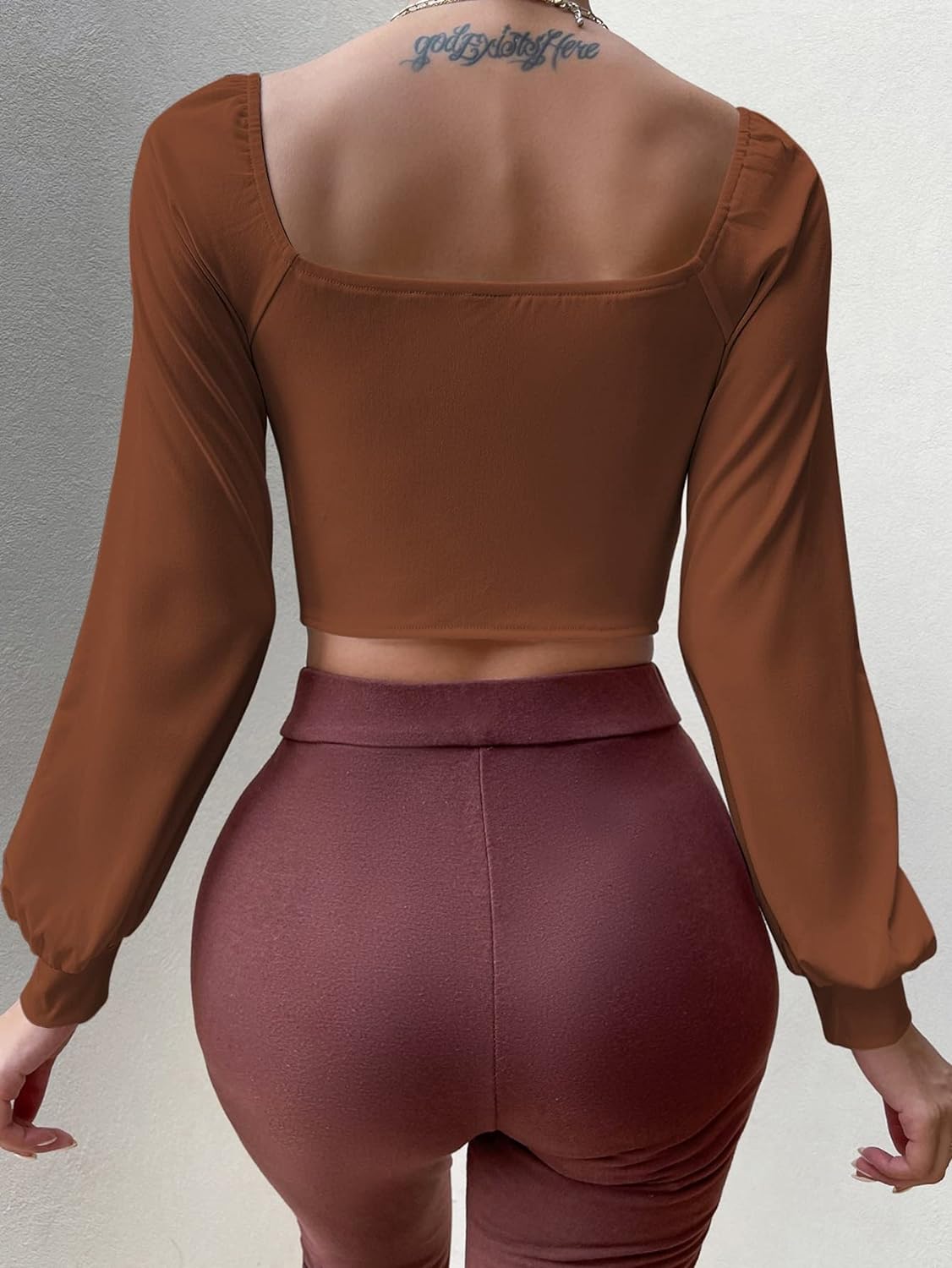 BLOOD VIBES SWEETHEART NECK LANTERN SLEEVE CROP TOP BROWN