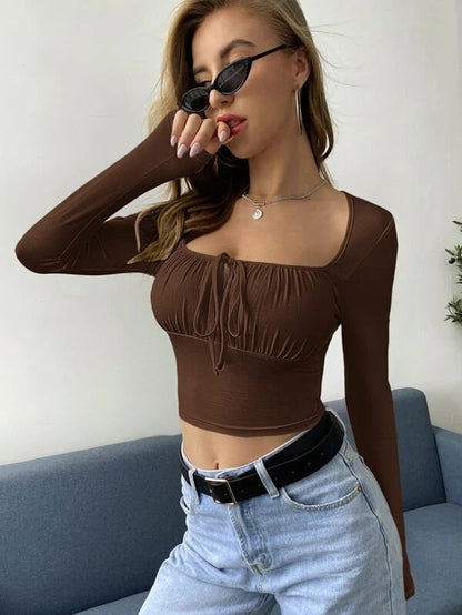 Blood Vibes'Noir Chic' Tie Neck Ruched Bust Crop Tops