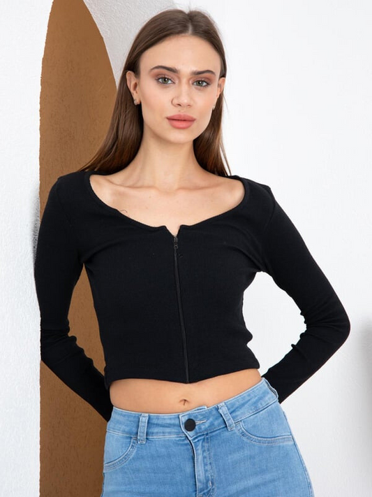 Blood Vibes U Neck Ribbed Zipper Up Crop Top